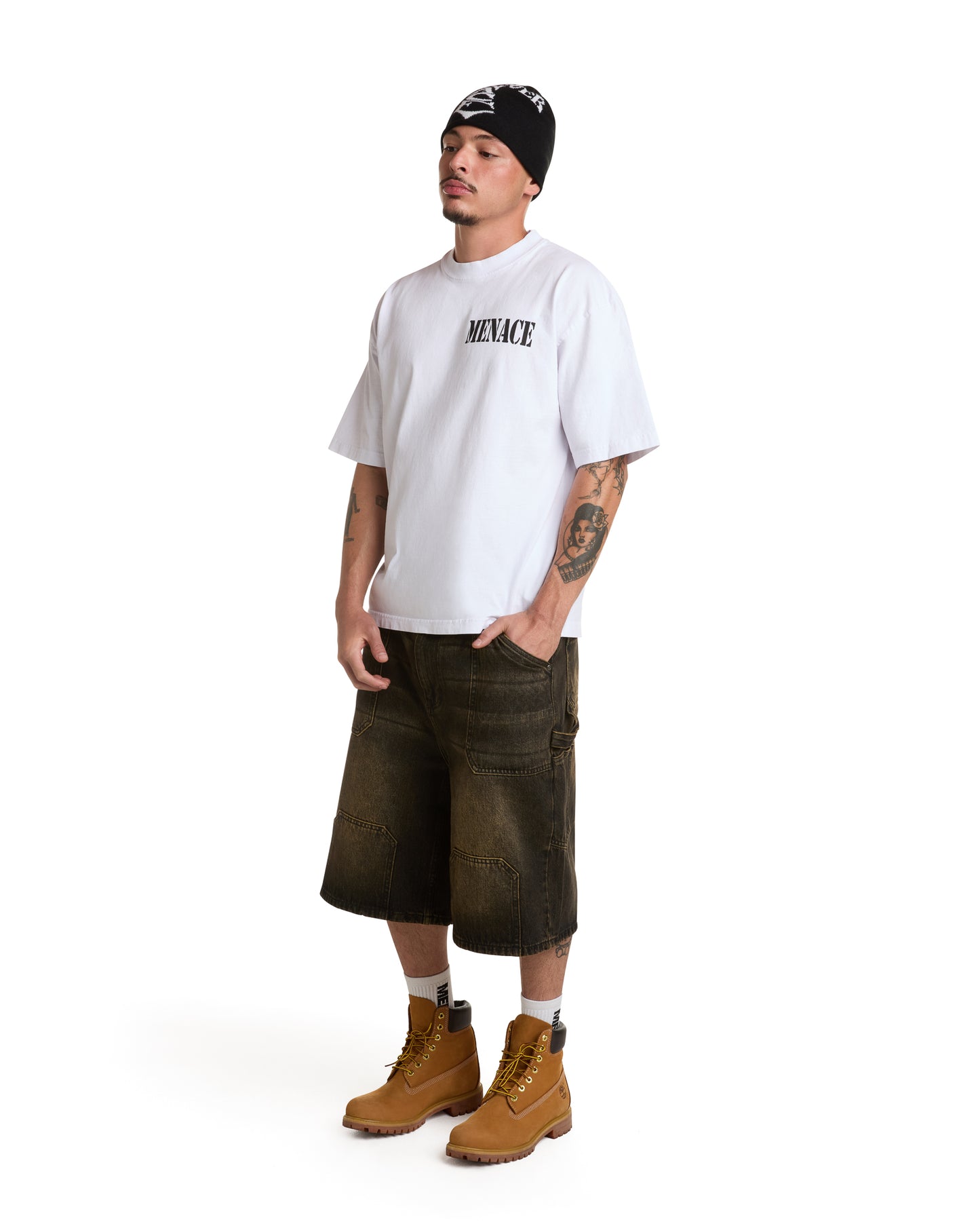 STEEL EMBOSSED DENIM CARPENTER SHORTS