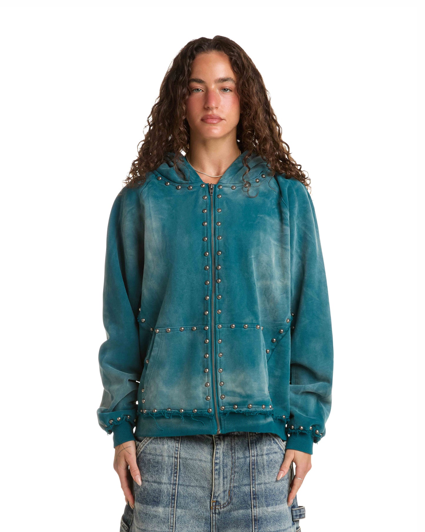 METAL RIVET ZIP-UP HOODIE