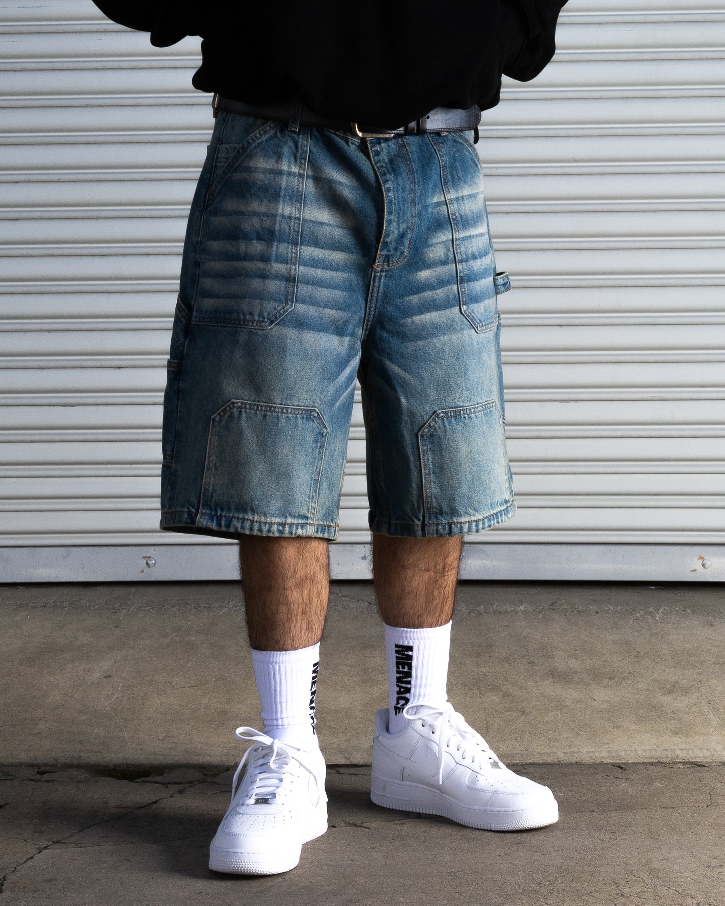 STEEL EMBOSSED DENIM CARPENTER SHORTS