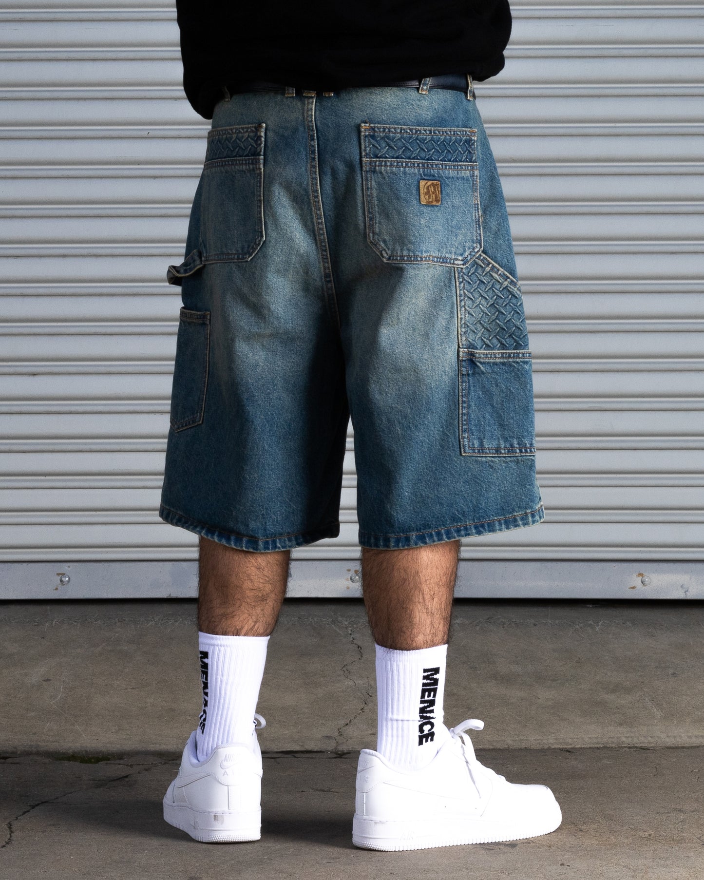 STEEL EMBOSSED DENIM CARPENTER SHORTS
