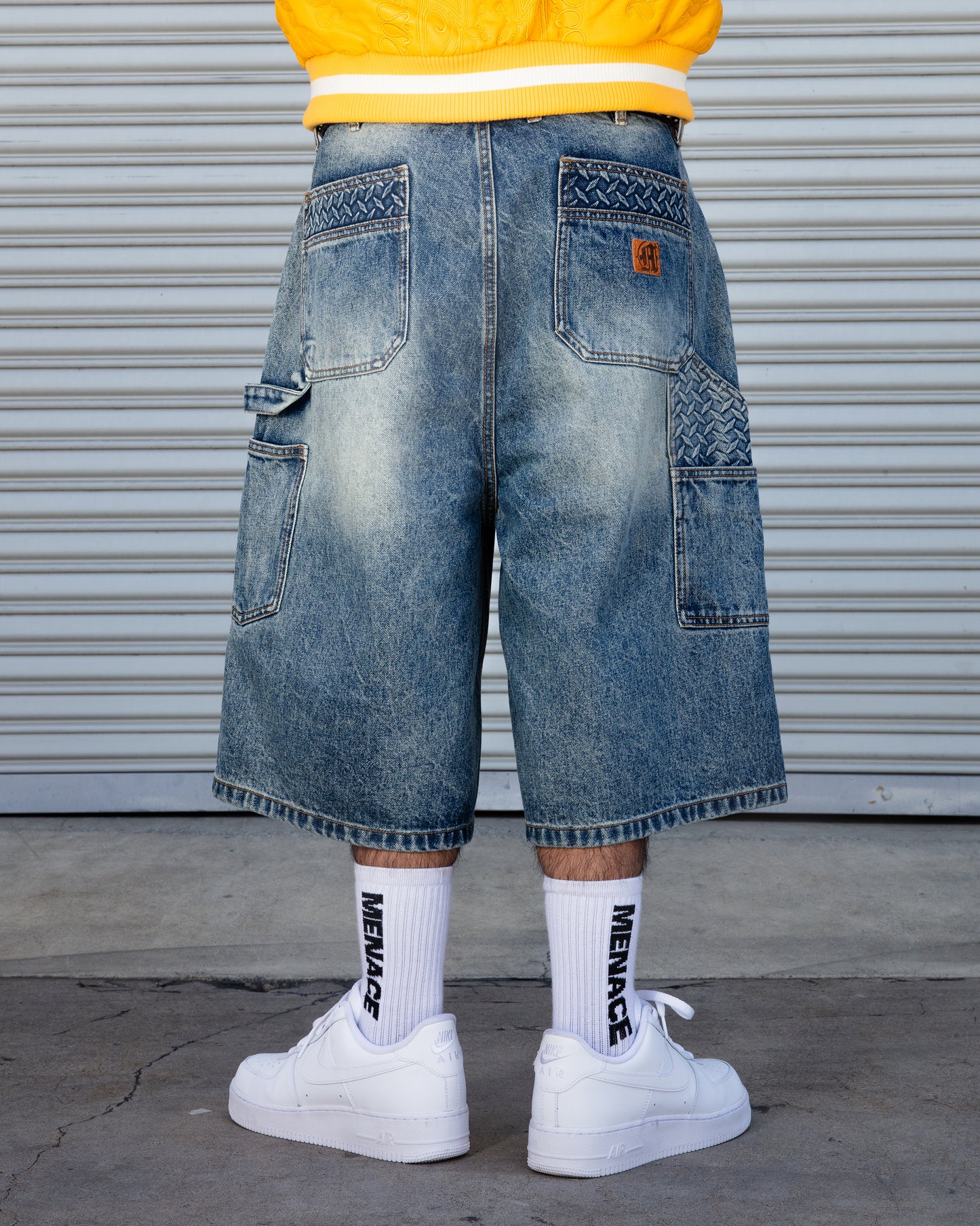 STEEL EMBOSSED DENIM CARPENTER SHORTS