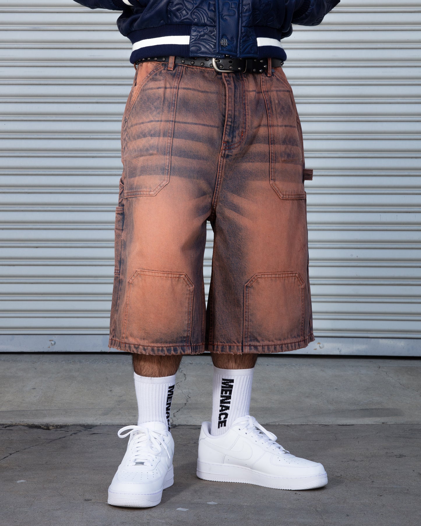 STEEL EMBOSSED DENIM CARPENTER SHORTS