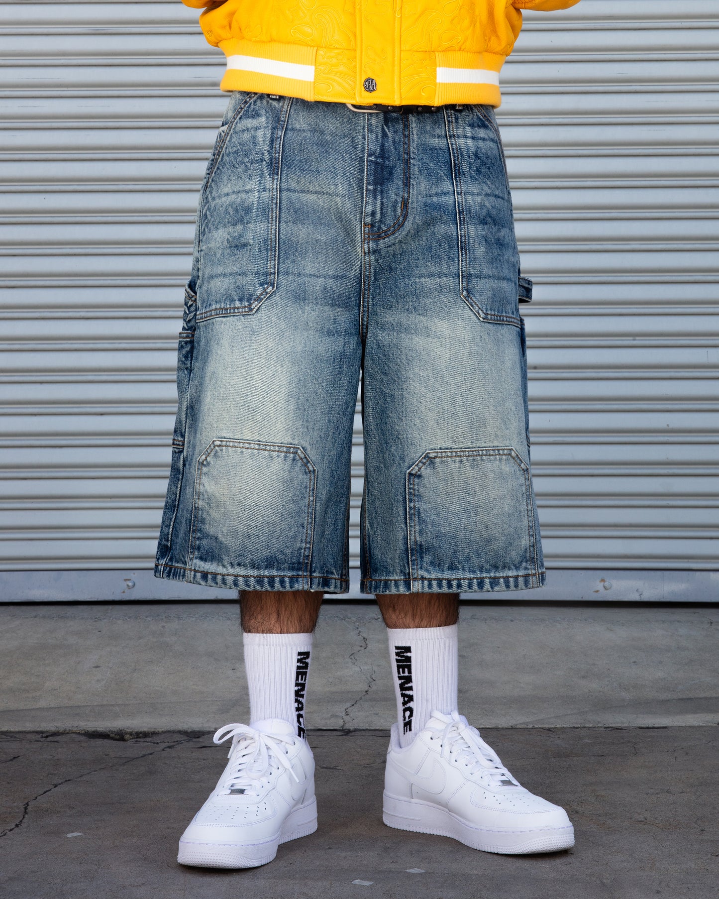 STEEL EMBOSSED DENIM CARPENTER SHORTS