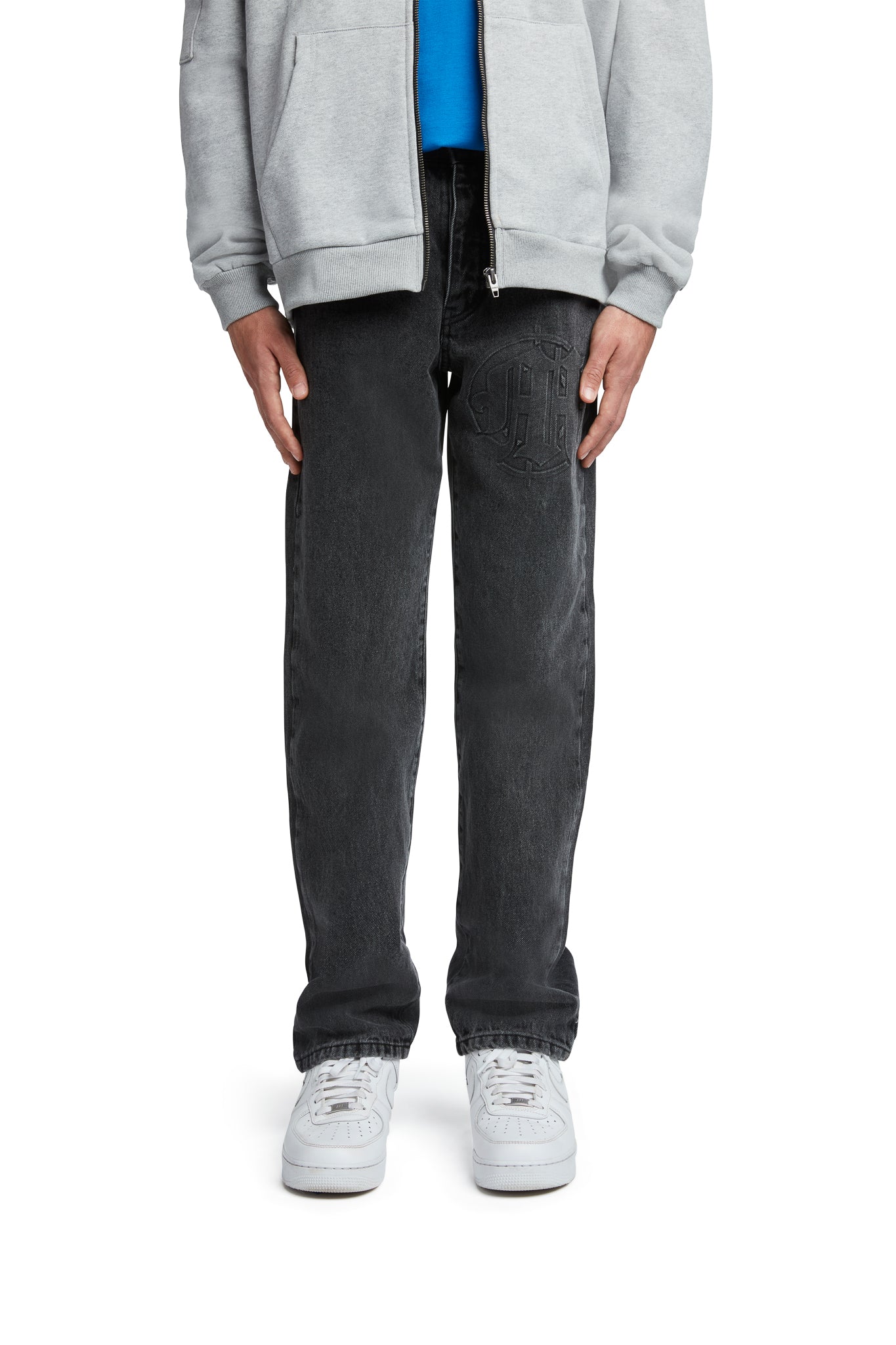 EMBOSSED TARGET LOGO DENIM PANTS by MENACE