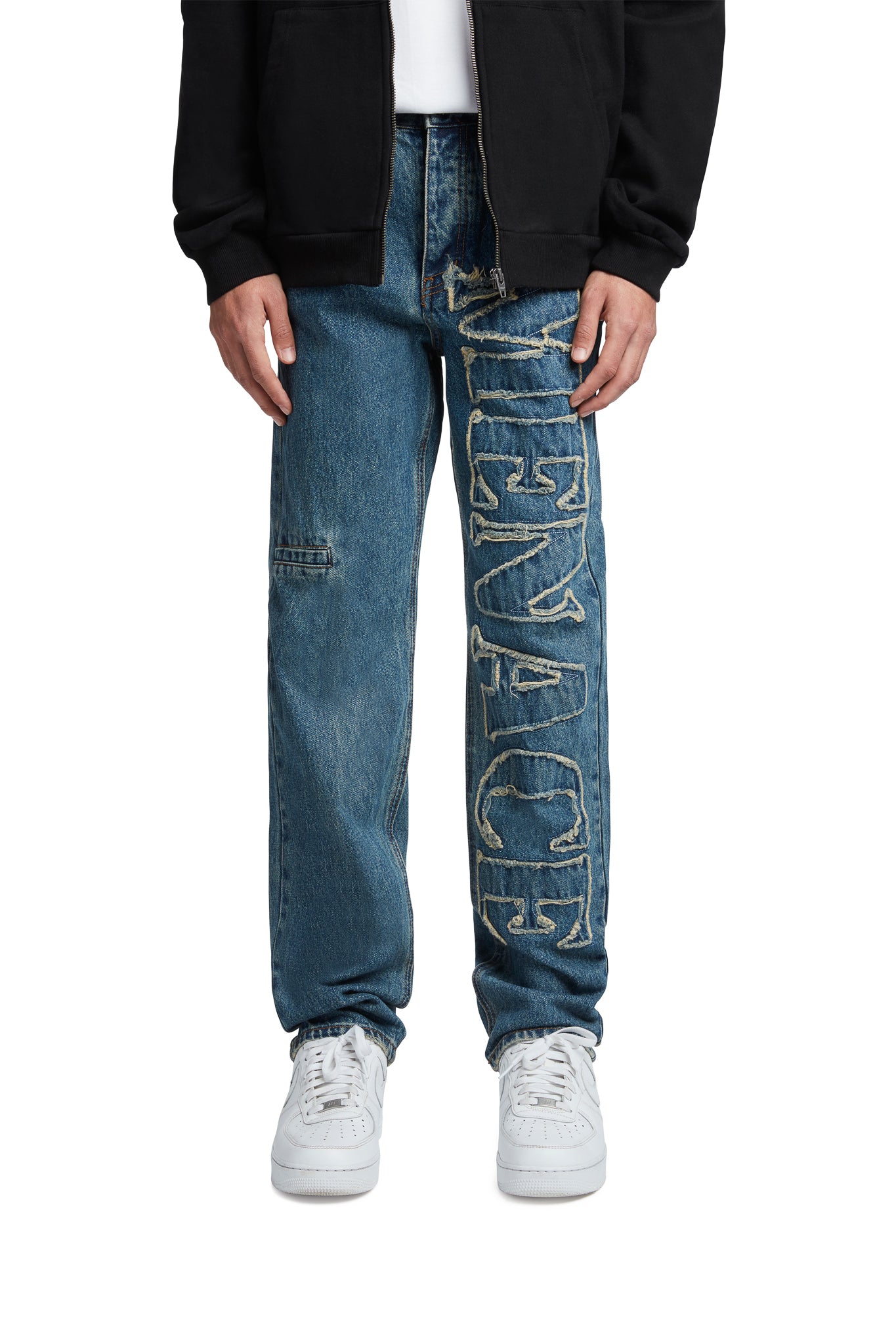 DISTRESSED STENCIL DENIM PANTS by MENACE