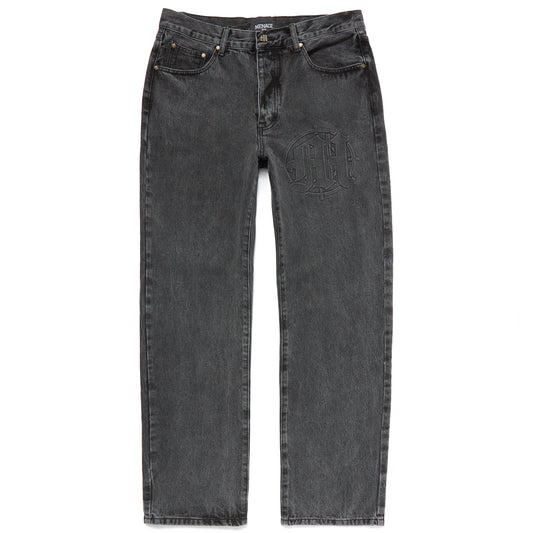 EMBOSSED TARGET LOGO DENIM PANTS by MENACE