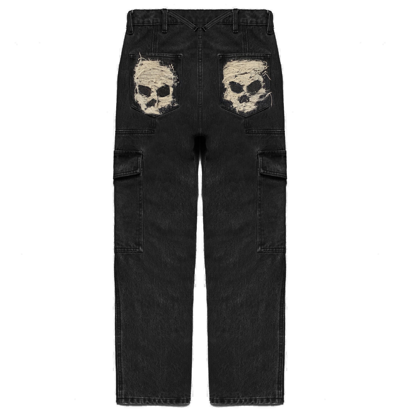 SKULL DISTRESS PANELED CARGO POCKET DENIM PANTS by MENACE