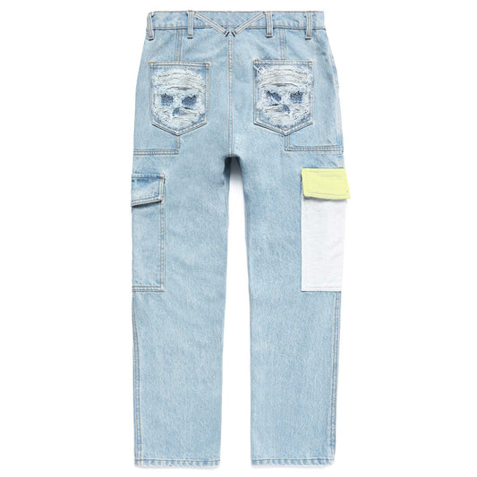 SKULL DISTRESS PANELED CARGO POCKET DENIM PANTS by MENACE