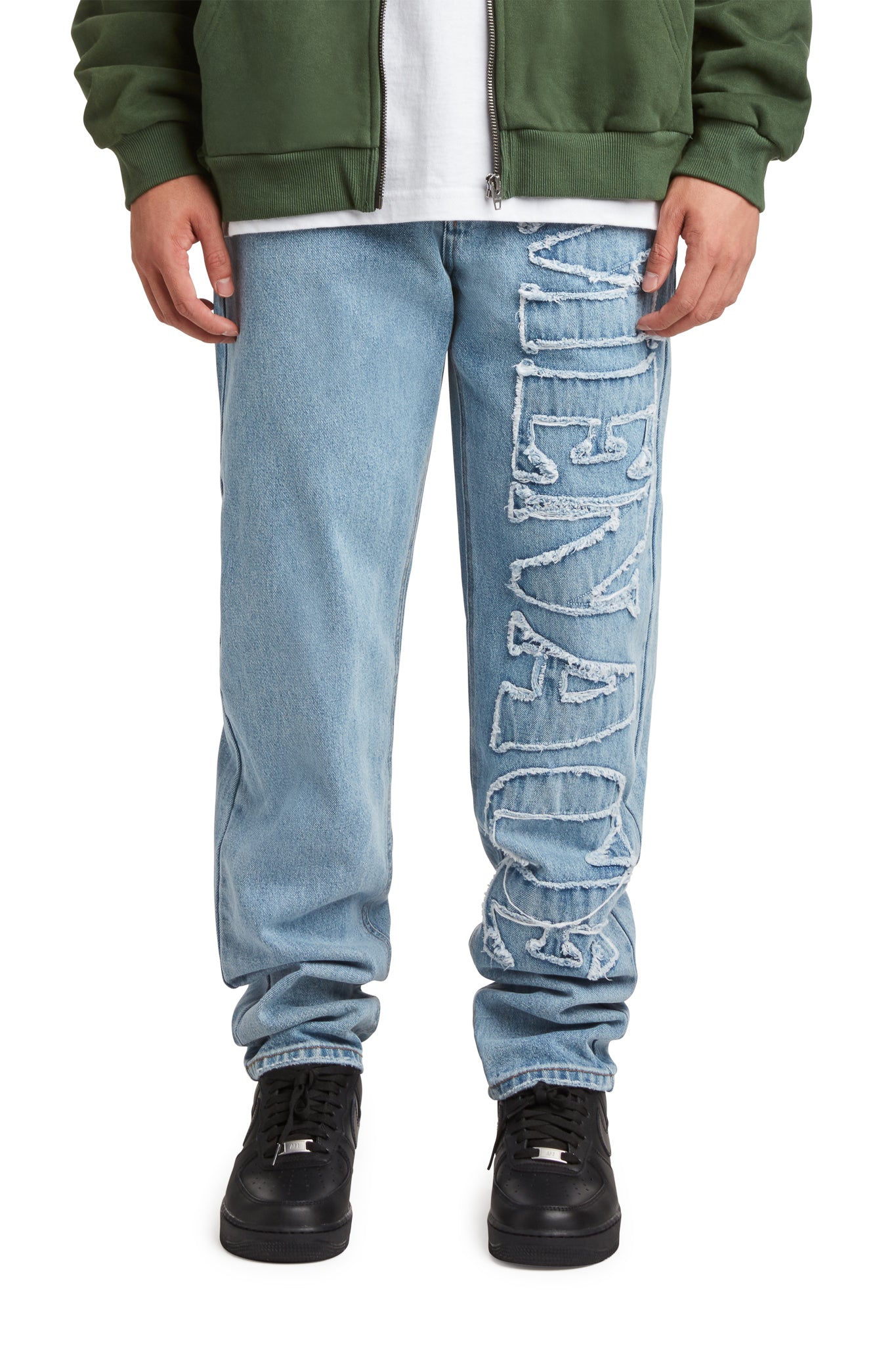 DISTRESSED STENCIL DENIM PANTS