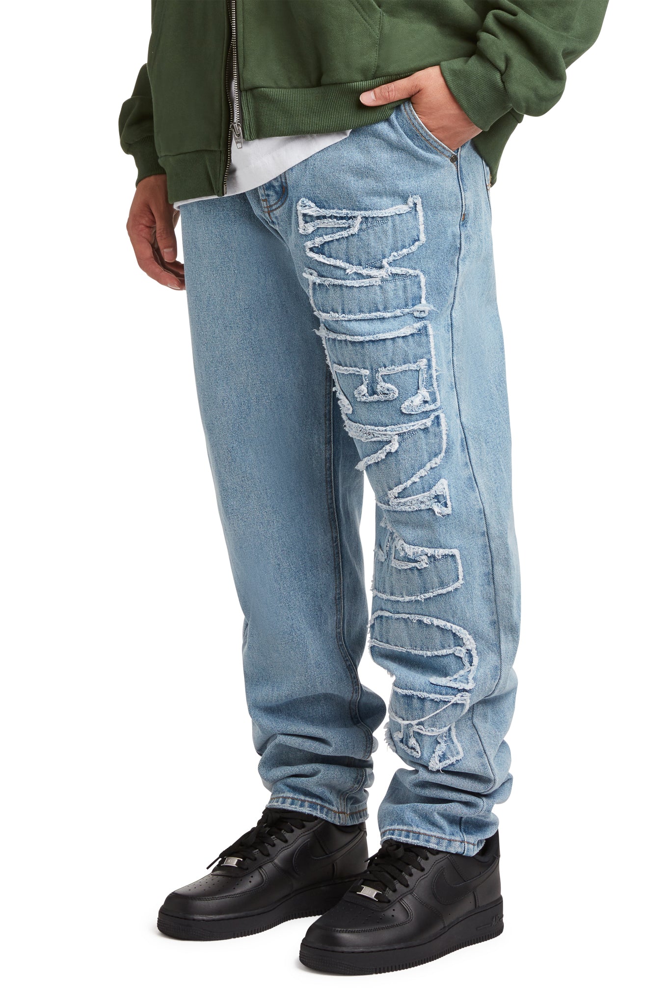 DISTRESSED STENCIL DENIM PANTS