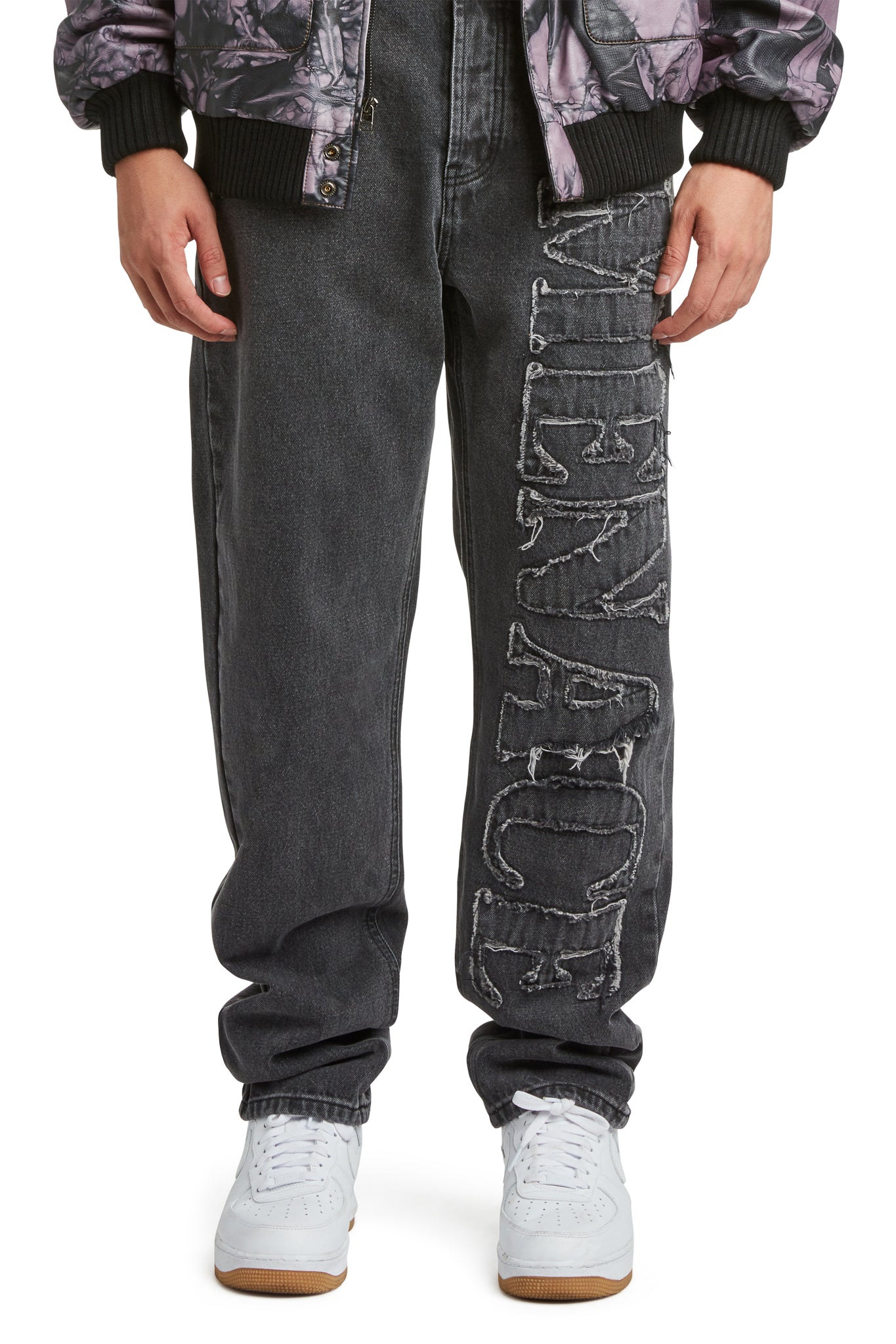 DISTRESSED STENCIL DENIM PANTS