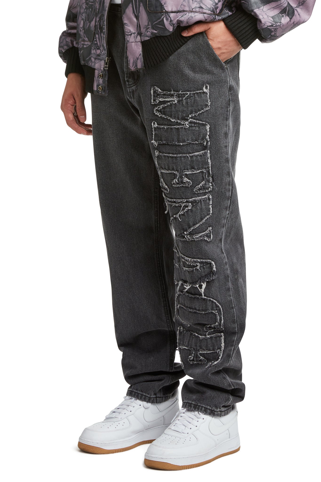 DISTRESSED STENCIL DENIM PANTS