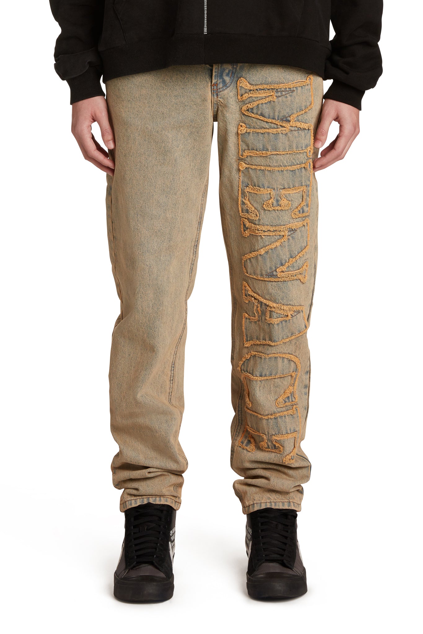 DISTRESSED STENCIL DENIM PANTS