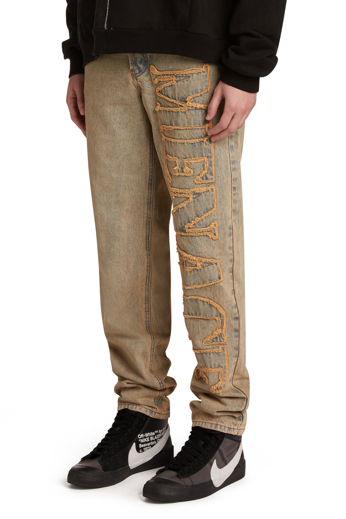 DISTRESSED STENCIL DENIM PANTS