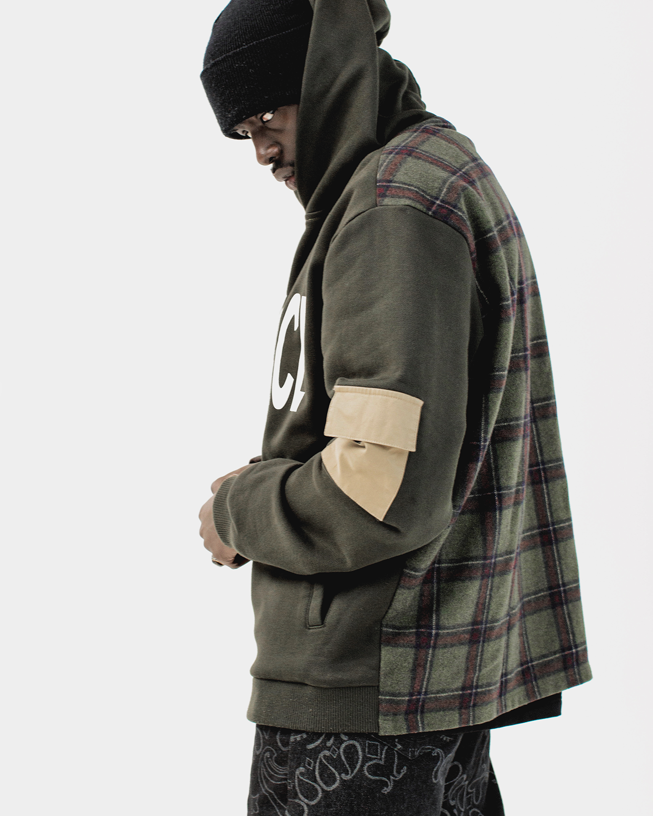MENACE SPLIT WOOL PLAID FRENCH TERRY HOODIE by MENACE