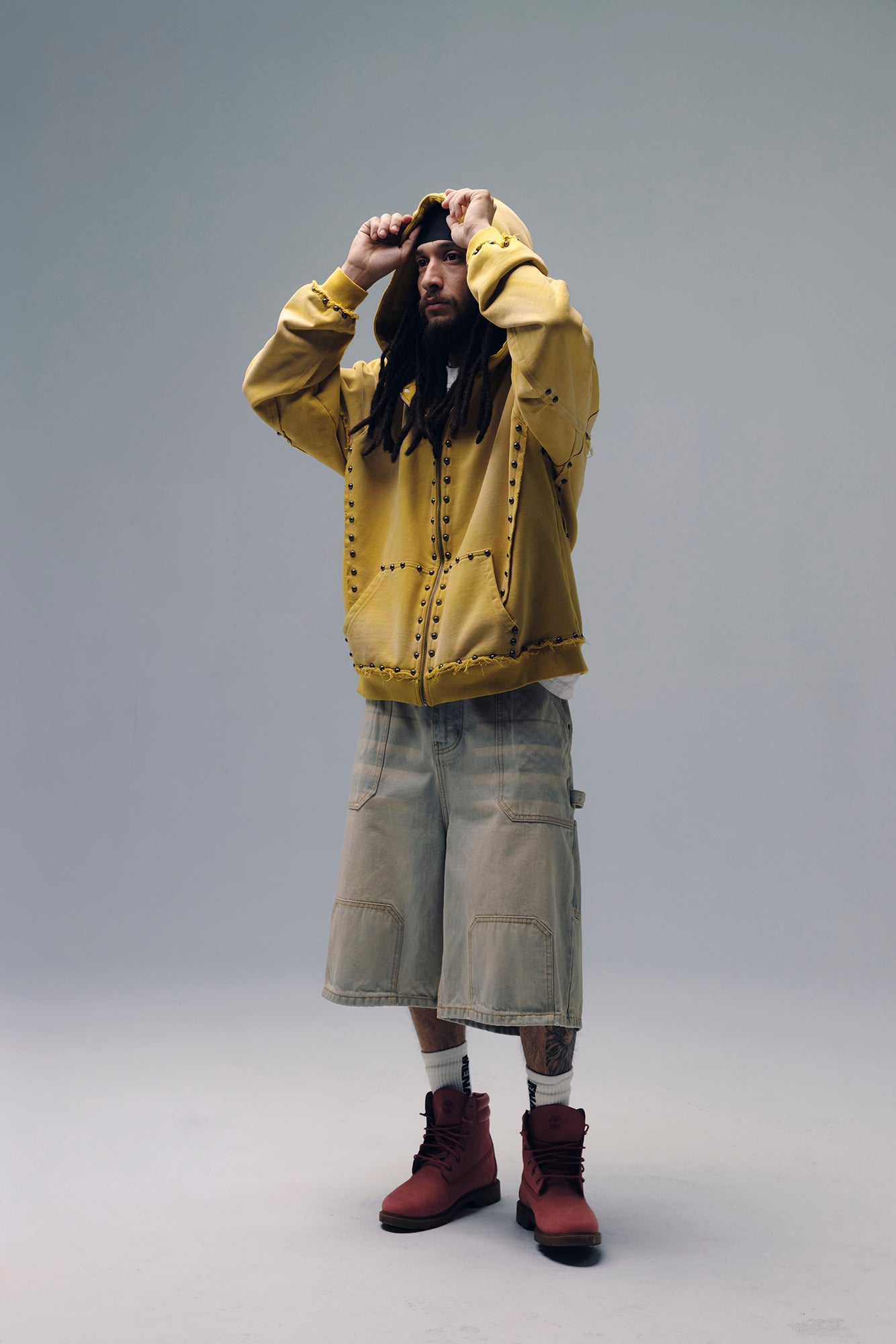 STEEL EMBOSSED DENIM CARPENTER SHORTS