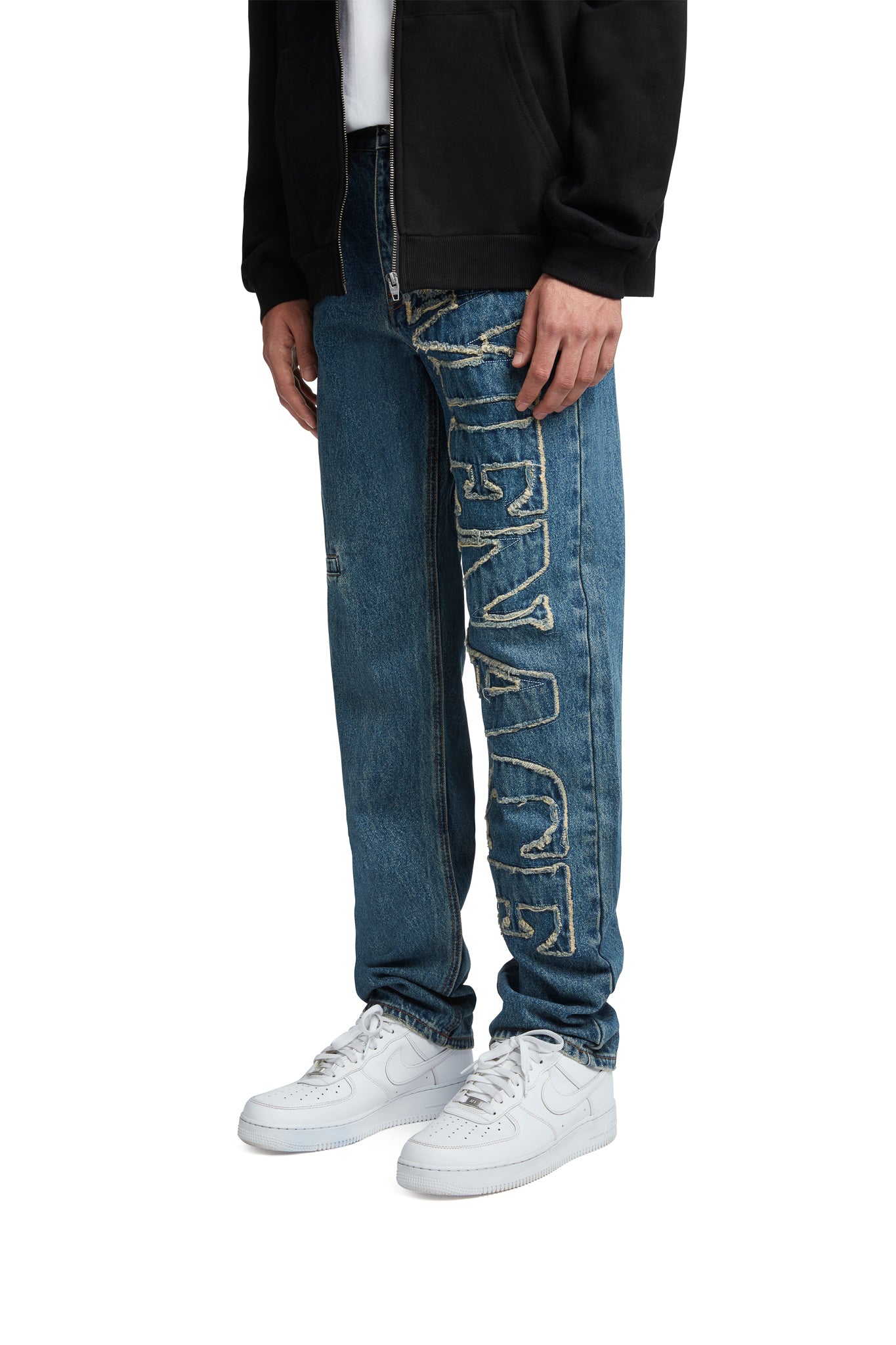 DISTRESSED STENCIL DENIM PANTS by MENACE