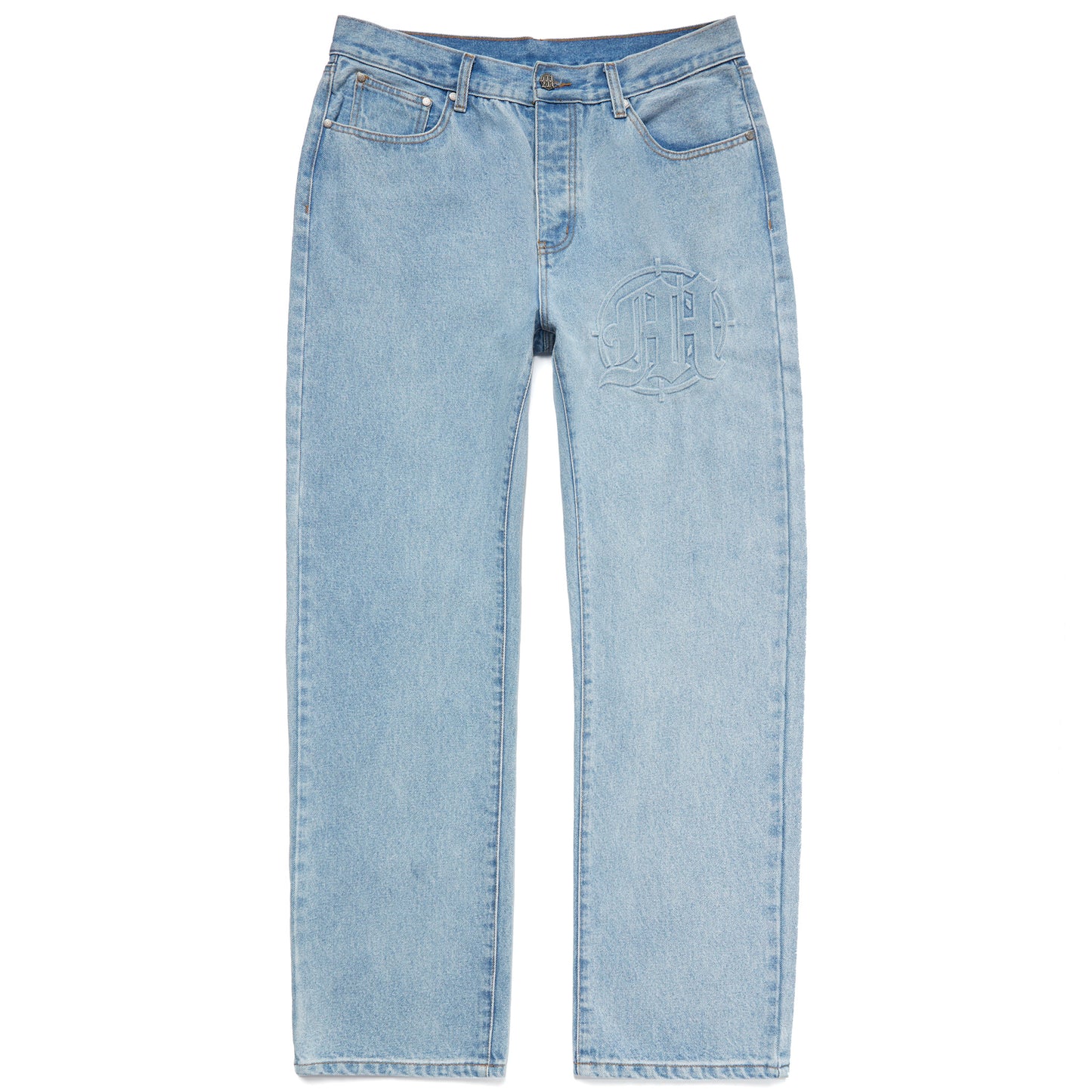 EMBOSSED TARGET LOGO DENIM PANTS by MENACE