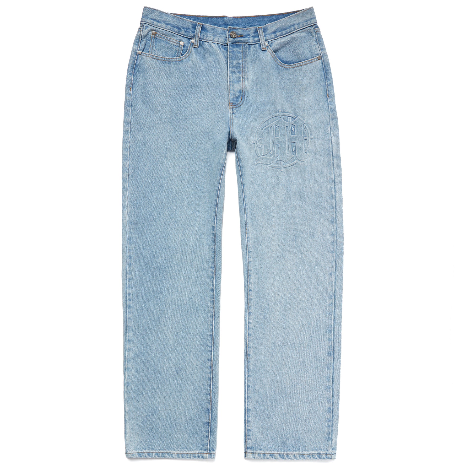EMBOSSED TARGET LOGO DENIM PANTS by MENACE