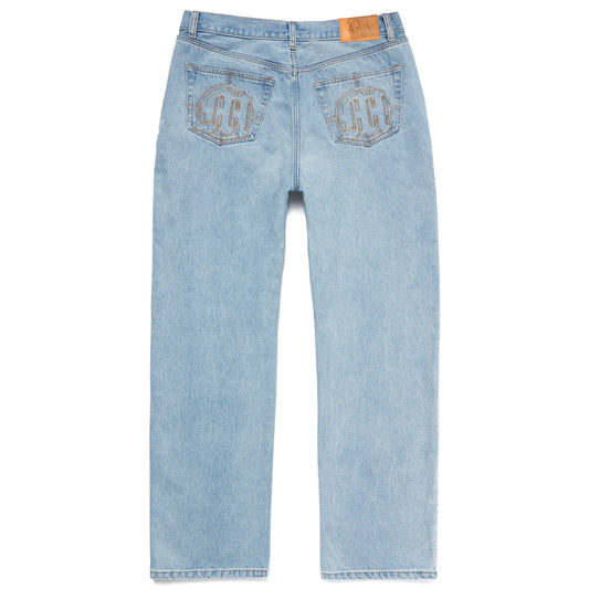 EMBOSSED TARGET LOGO DENIM PANTS by MENACE