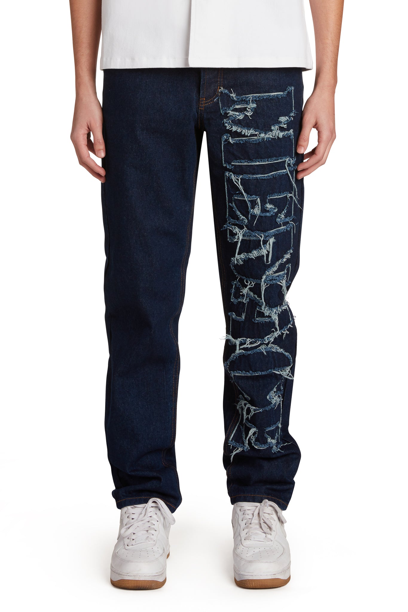 DISTRESSED STENCIL DENIM PANTS – MENACE