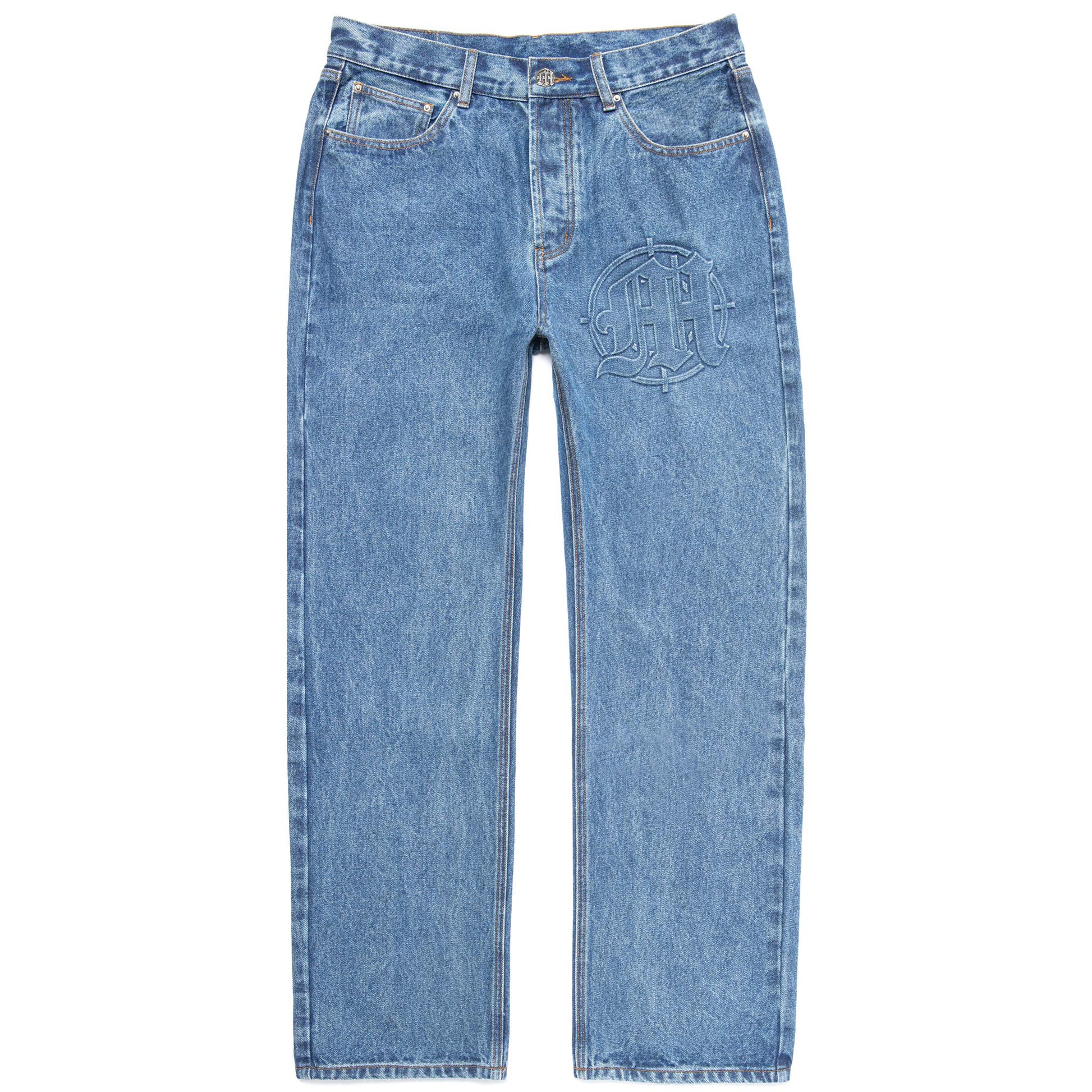 EMBOSSED TARGET LOGO DENIM PANTS by MENACE