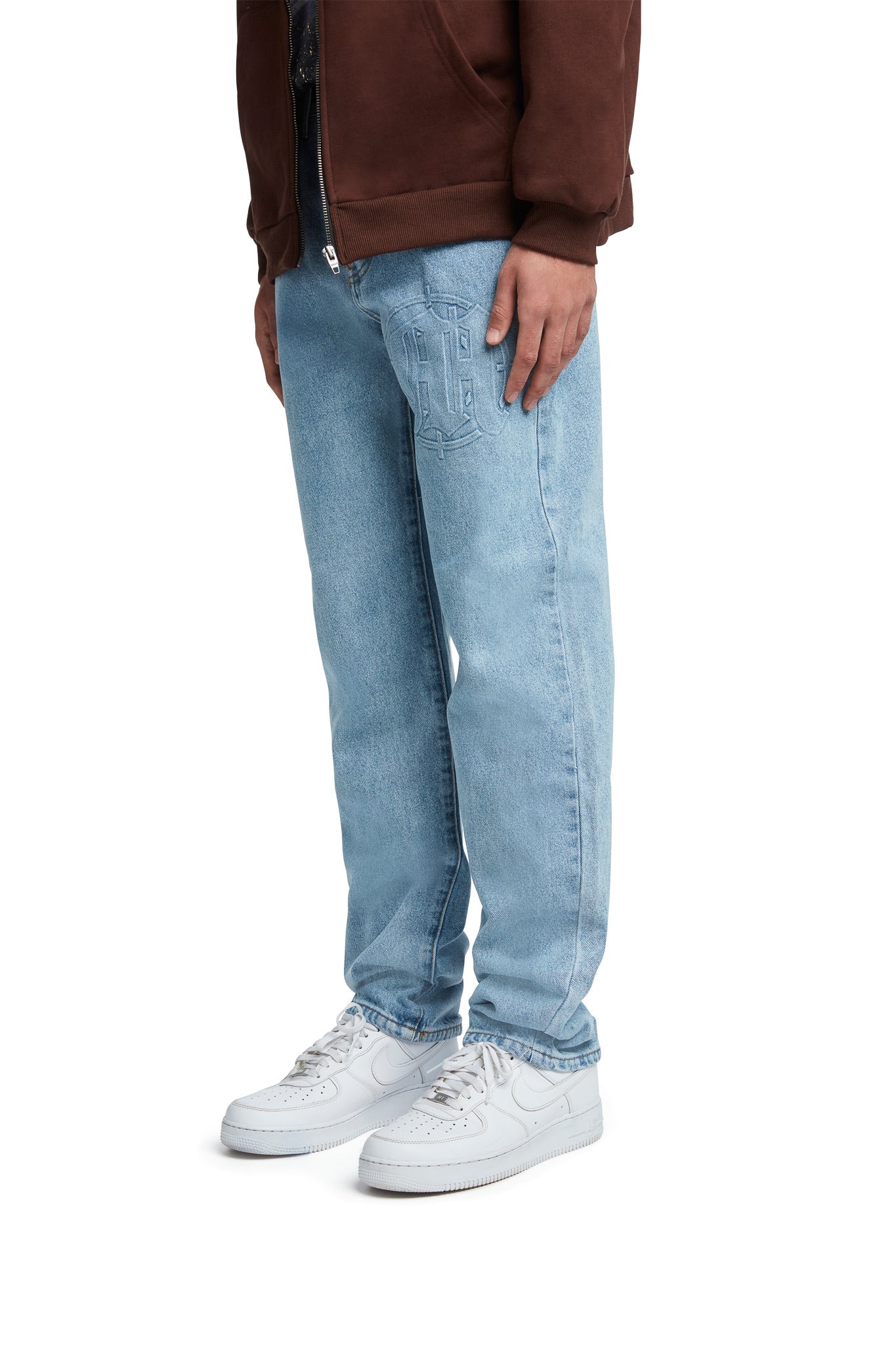 EMBOSSED TARGET LOGO DENIM PANTS by MENACE